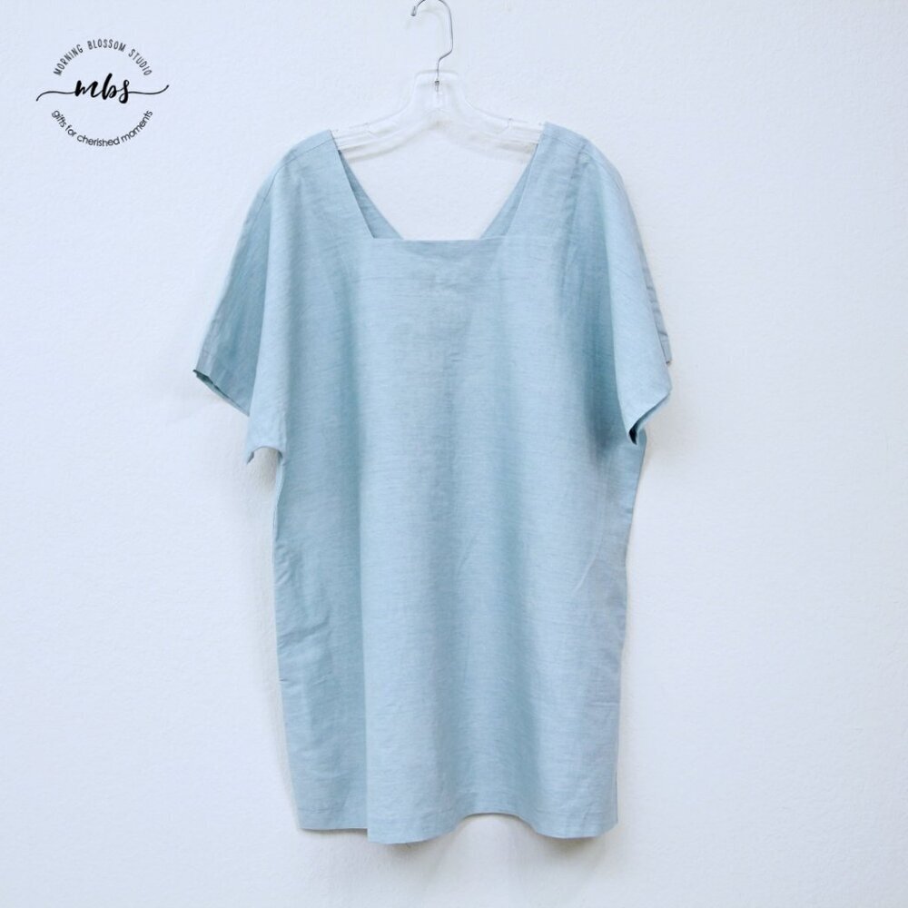 BLQ Square Neck Short Sleeve‎ Hidden Pockets Cotton Mini Dress Blue Women Plus 1